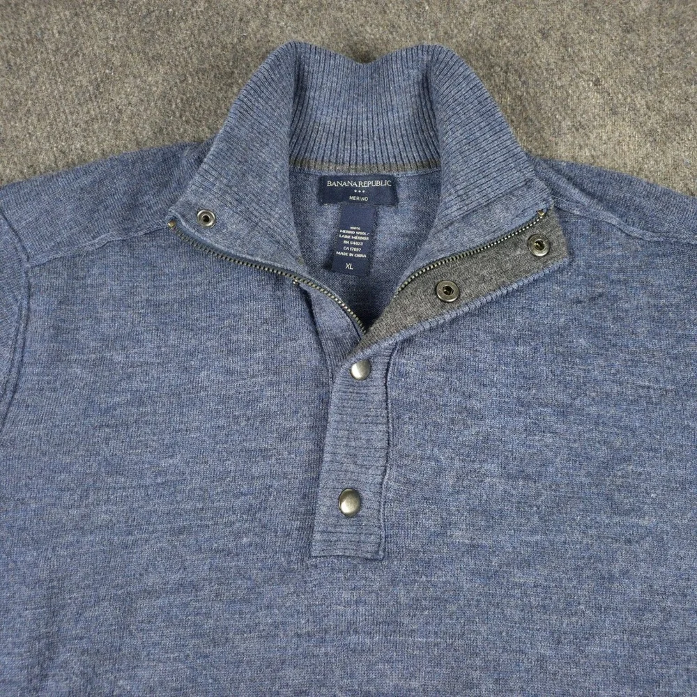 Banana Republic Sweater Mens XL Blue Merino Wool Quarter Zip Snap Mock Neck Knit